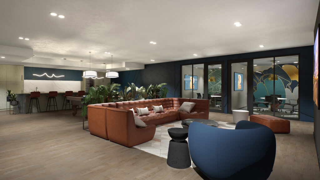 Clubhouse room with brown leather couch, blue chair, colorful meeting rooms and lit bar seating
