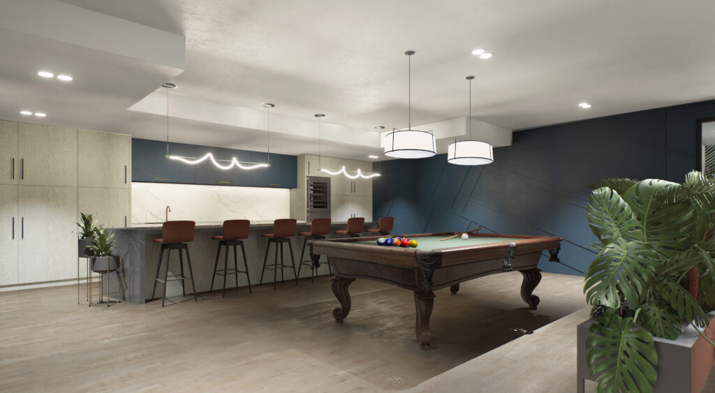 Dark blue clubhouse room with greenery, dark wooden pool table and lit bar seating