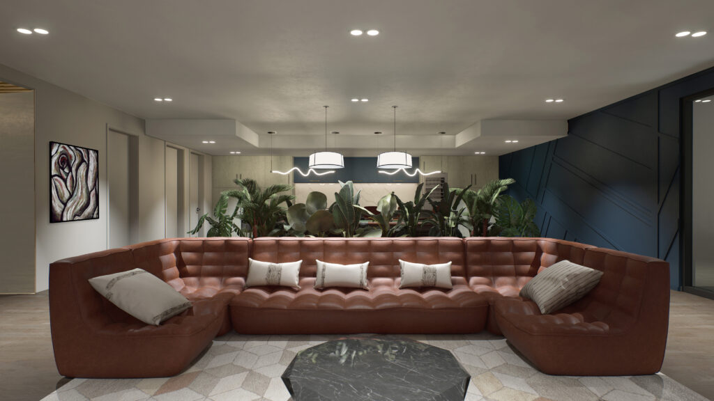 Large brown leather sectional couch with cream rectangle pillows, with greenery along the back and a view of the bar seating behind