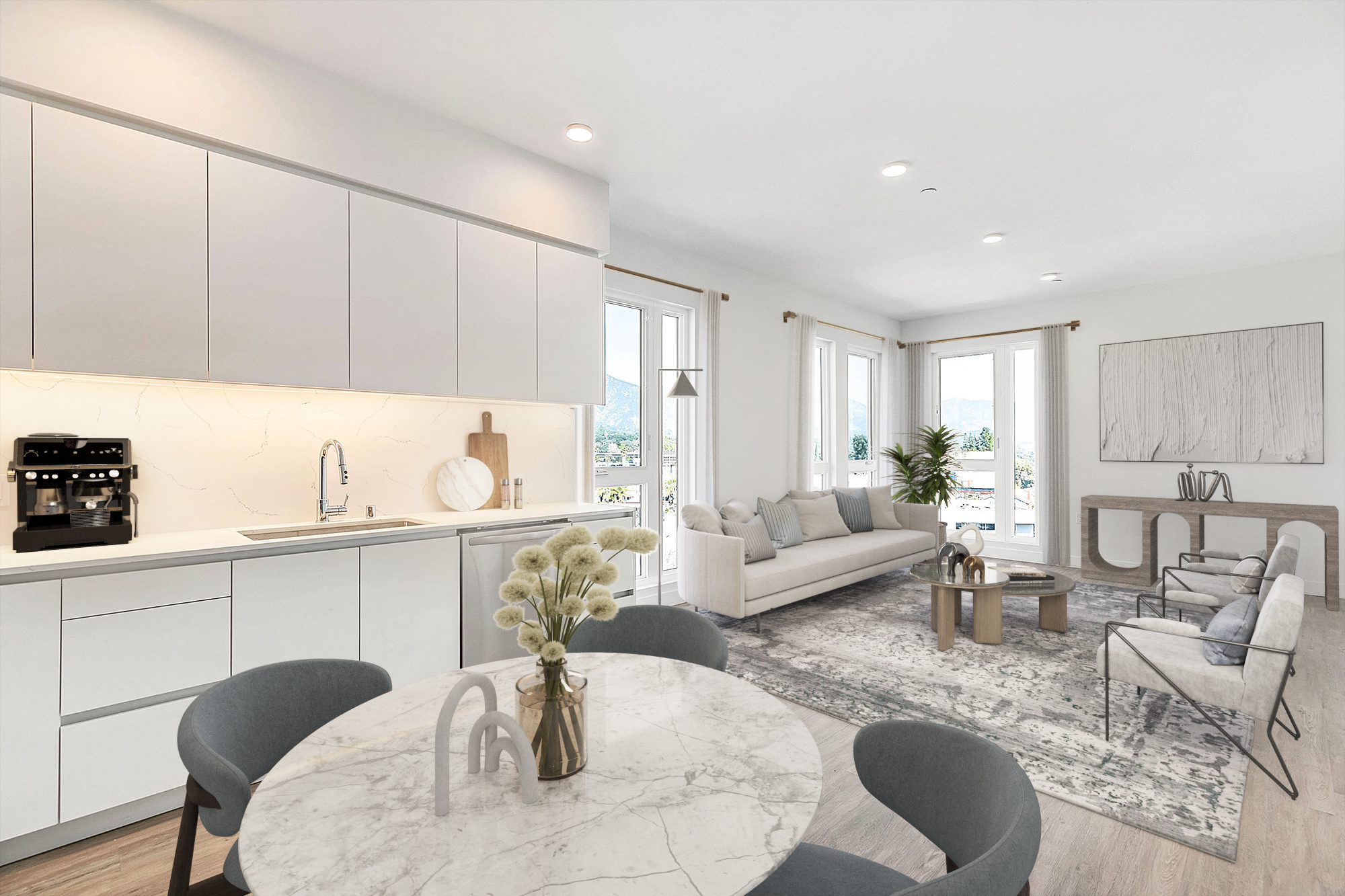 A rendering of The Rinrose's modern kitchen and dining area.