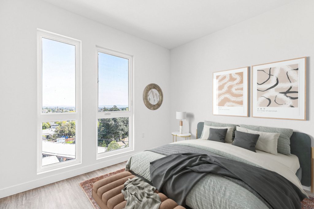 A Pasadena apartment with a large window overlooking The Rinrose.